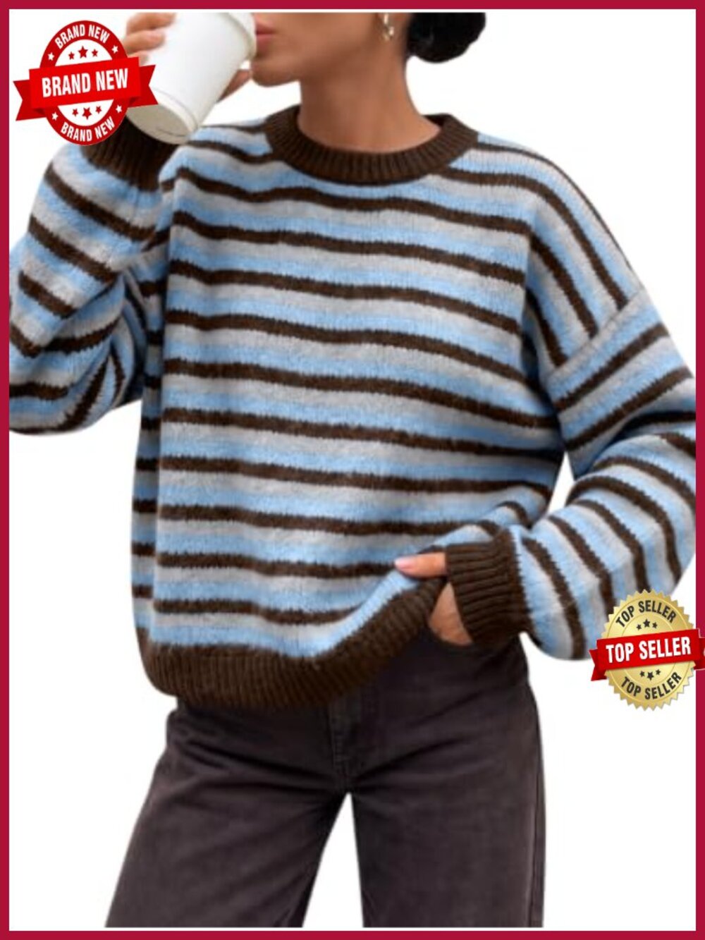 Striped Oversized Sweater Crew Neck Long Sleeve Pullover Fall Winter Knit